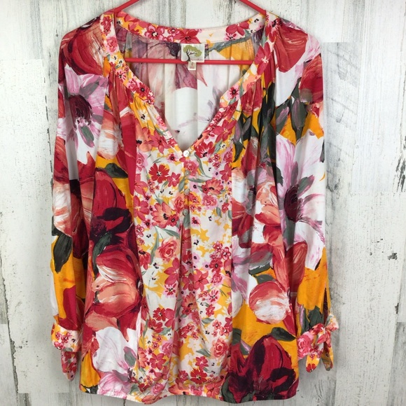 fig and flower Tops - Fig & Flower Red Orange Floral Blouse Tie balloon Sleeves Boho pretty rayon L.